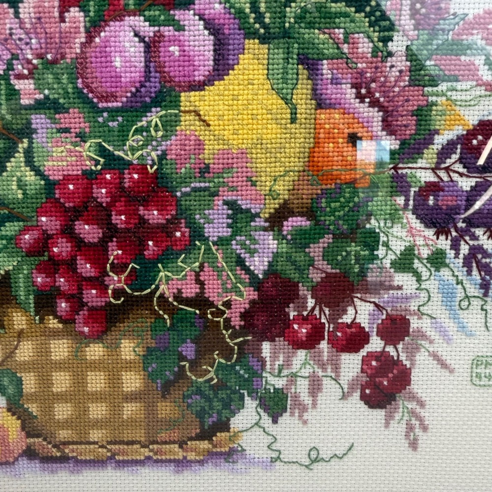 Vintage 1994 Framed Cross Stitch Fruit Basket Floral Embroidery Gold Frame 22.5" - Picture 7 of 11